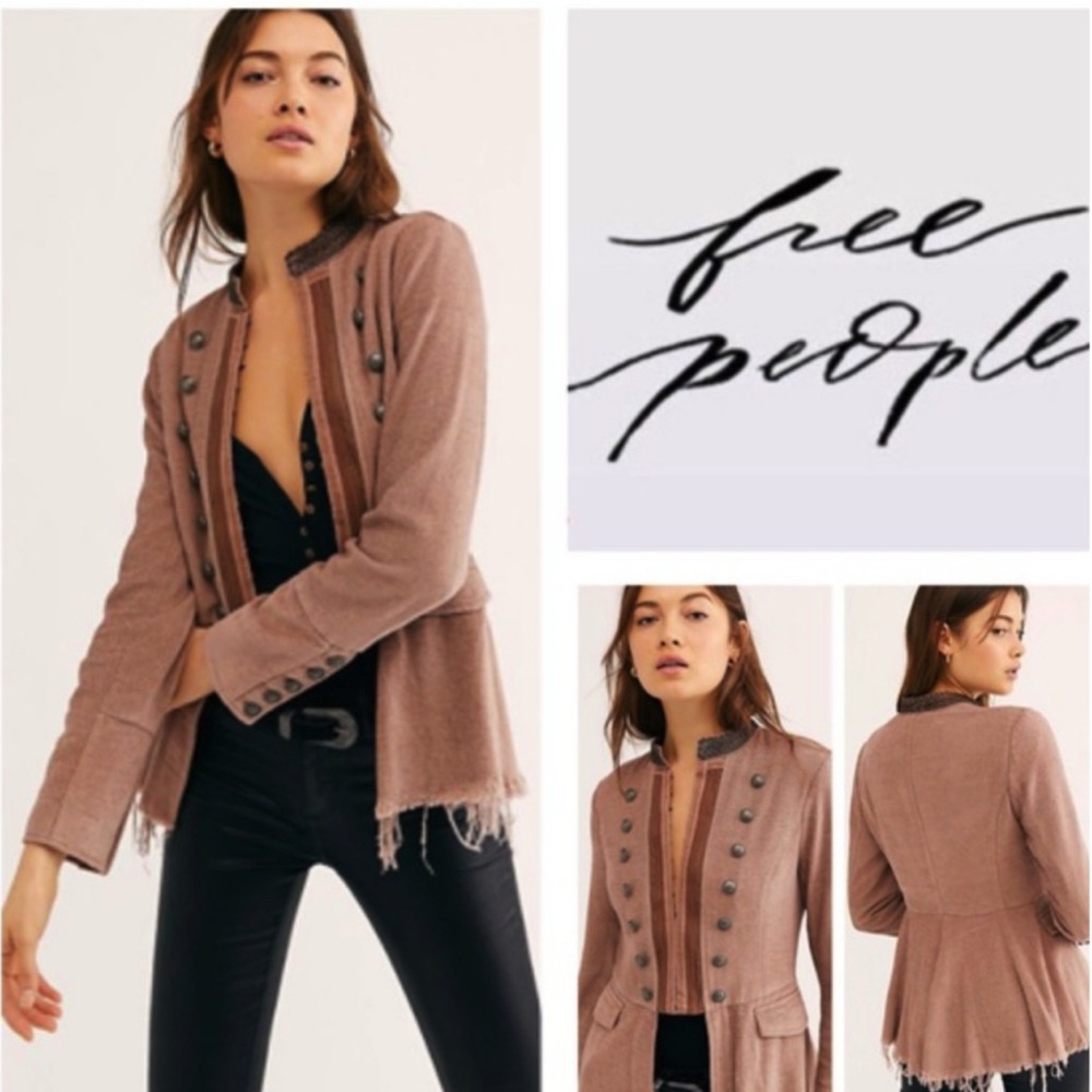 Free People Like NEW Lucy Military Beaded Raw Hem Women's Mauve Brownish Blazer